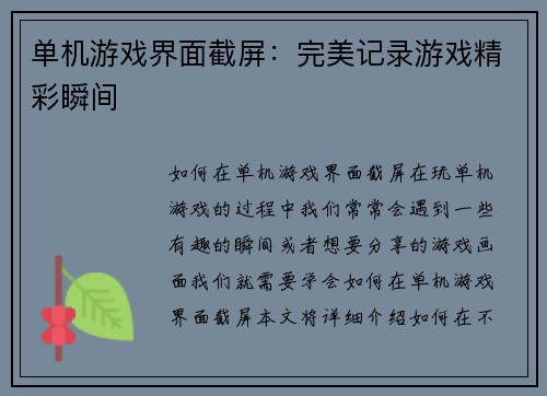 单机游戏界面截屏：完美记录游戏精彩瞬间